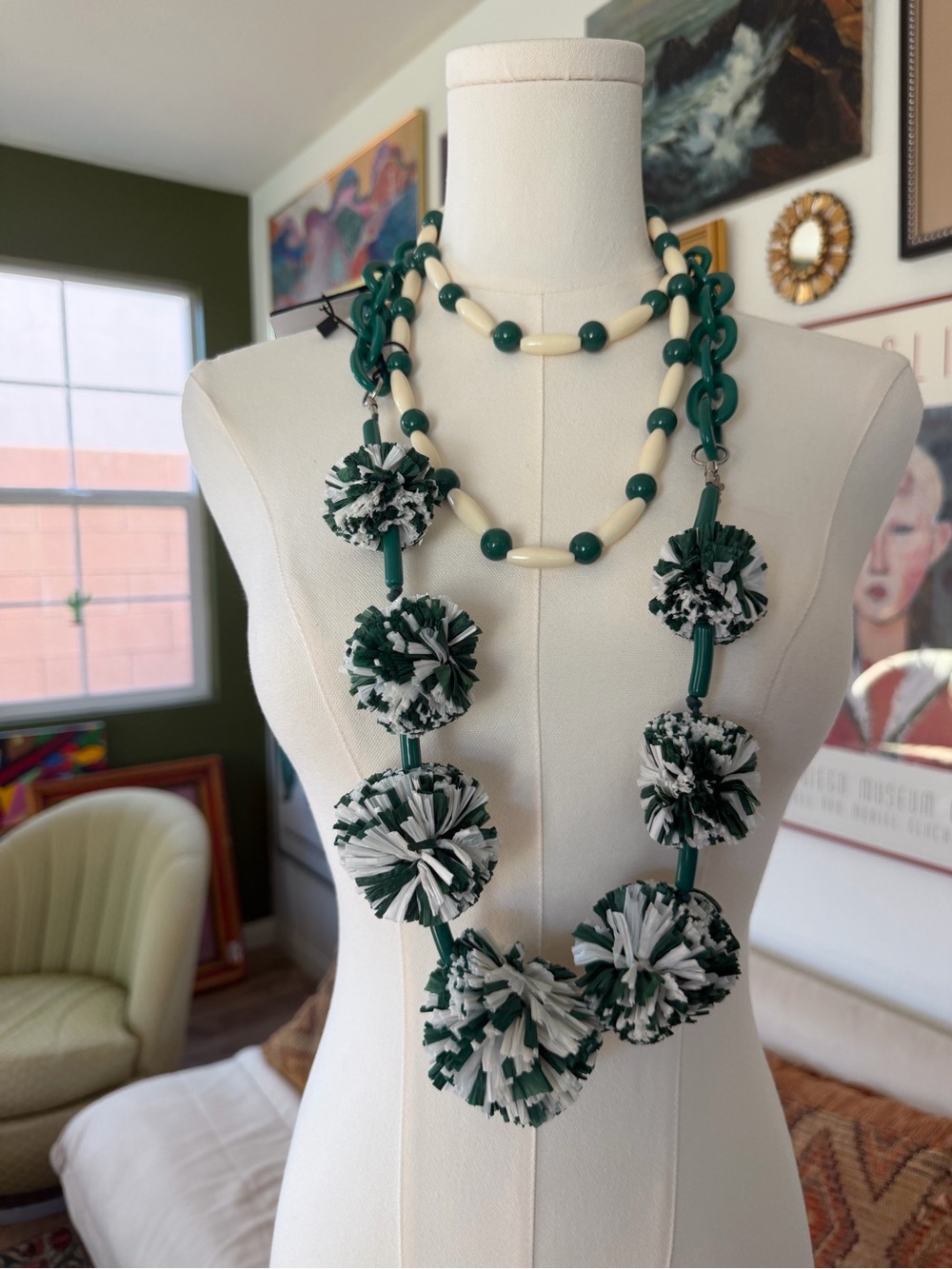 NWT MaxMara Weekend Chic Green and Cream Raffia Pom-Pom “Cammeo” Necklace